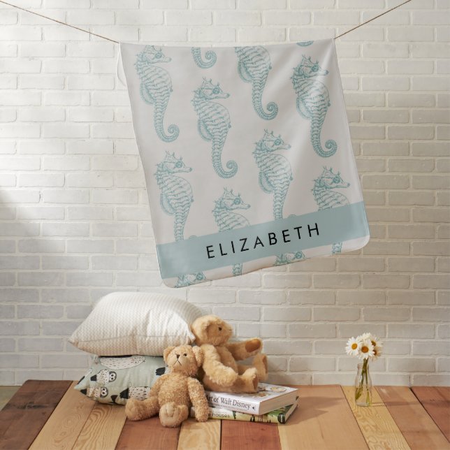 Tropical Seahorses, Seahorse Pattern, Your Name Baby Blanket (In Situ)