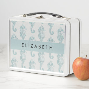 Tropical Seahorses, Seahorse Pattern, Your Name Metal Lunch Box