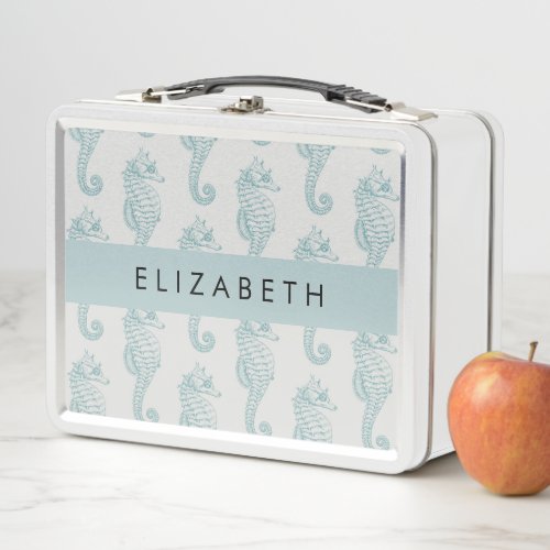 Tropical Seahorses Seahorse Pattern Your Name Metal Lunch Box
