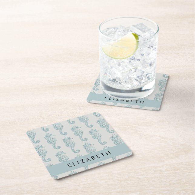 Tropical Seahorses, Seahorse Pattern, Your Name Square Paper Coaster (Insitu)