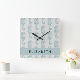 Tropical Seahorses, Seahorse Pattern, Your Name Square Wall Clock