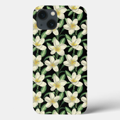 Tropical seamless pattern white flowers green leaf iPhone 13 case