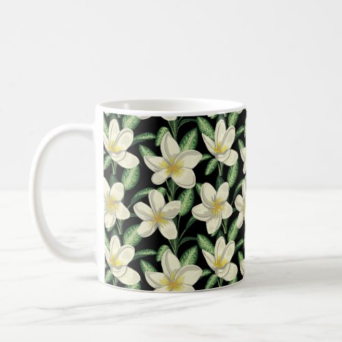Tropical seamless pattern white flowers green leaf coffee mug
