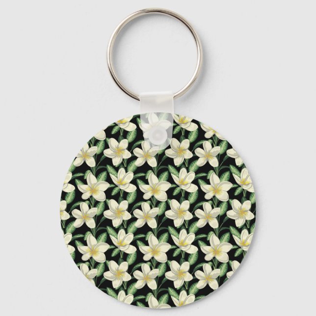 Tropical seamless pattern white flowers green leaf keychain (Front)