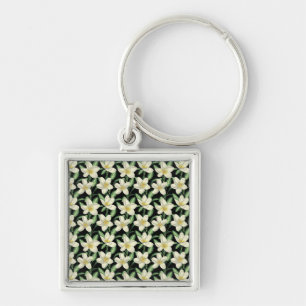 Tropical seamless pattern white flowers green leaf keychain