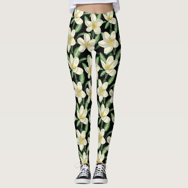 Tropical seamless pattern white flowers green leaf leggings (Front)