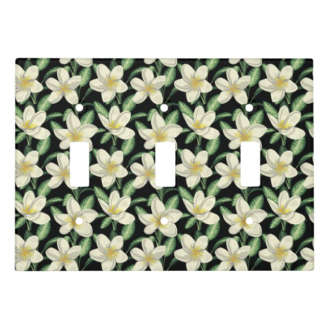 Tropical seamless pattern white flowers green leaf light switch cover (Front)