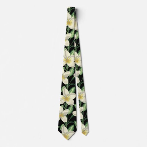 Tropical seamless pattern white flowers green leaf neck tie