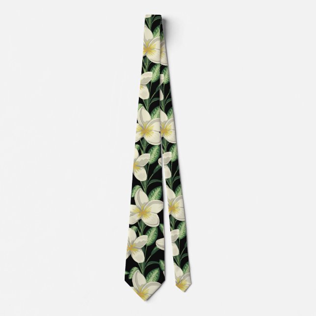 Tropical seamless pattern white flowers green leaf neck tie (Front)
