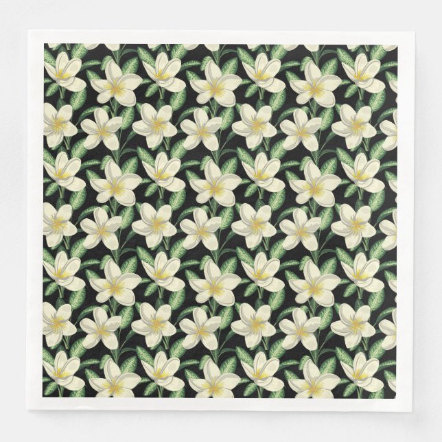 Tropical seamless pattern white flowers green leaf paper dinner napkins (Front)