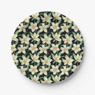 Tropical seamless pattern white flowers green leaf paper plates
