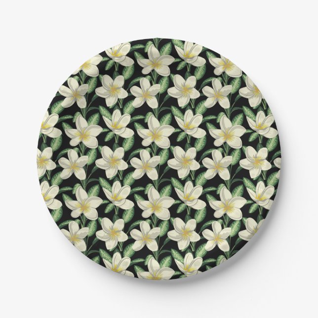 Tropical seamless pattern white flowers green leaf paper plates (Front)