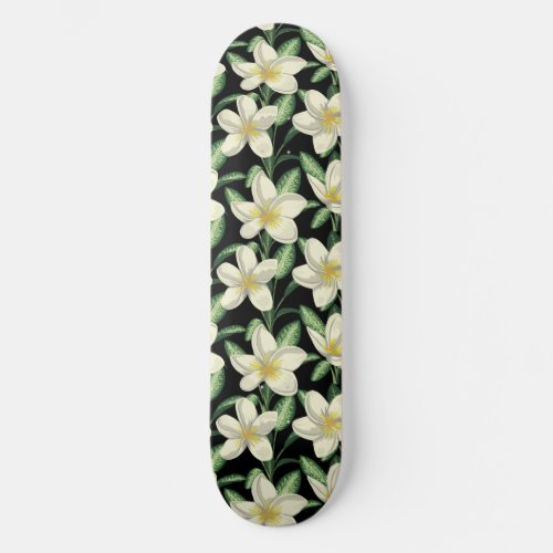 Tropical seamless pattern white flowers green leaf skateboard