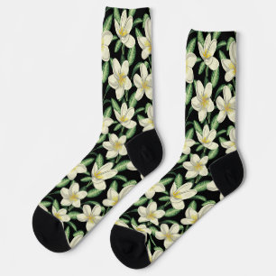 Tropical seamless pattern white flowers green leaf socks