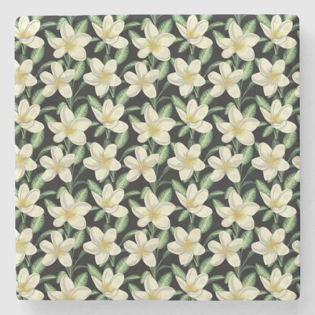 Tropical seamless pattern white flowers green leaf stone coaster (Front)