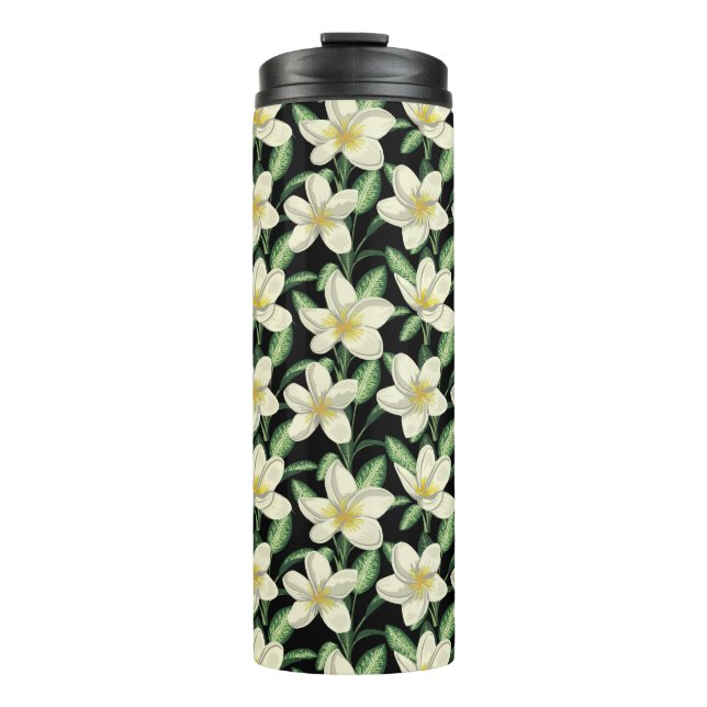 Tropical seamless pattern white flowers green leaf thermal tumbler (Front)