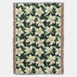 Tropical seamless pattern white flowers green leaf throw blanket