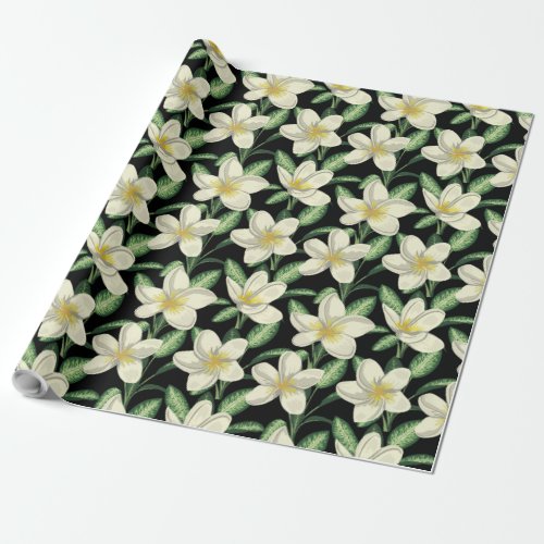 Tropical seamless pattern white flowers green leaf wrapping paper
