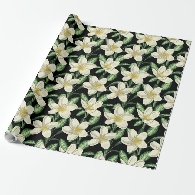 Tropical seamless pattern white flowers green leaf wrapping paper (Unrolled)