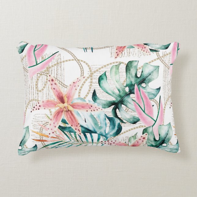 Tropical seamless pattern with orchids leaves and  accent pillow (Front)