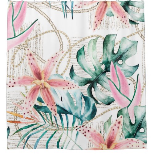 Tropical seamless pattern with orchids leaves and  shower curtain