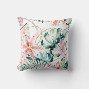 Tropical seamless pattern with orchids leaves and throw pillow