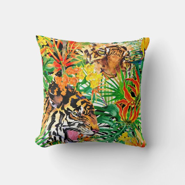 tropical seamless pattern with tiger. watercolor j throw pillow (Front)