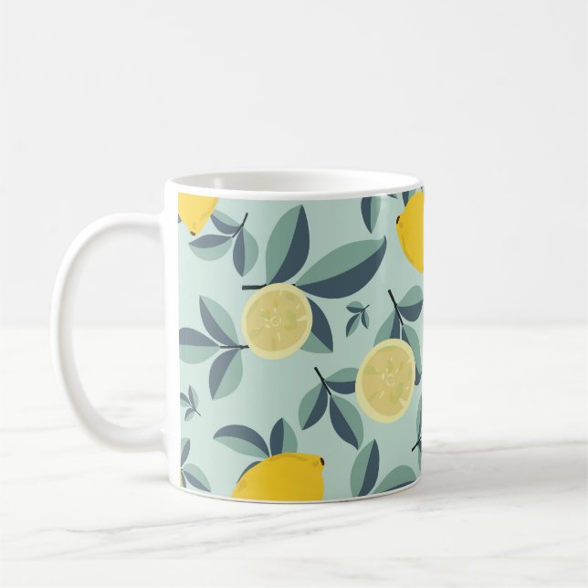Tropical seamless pattern with yellow lemons coffee mug (Left)