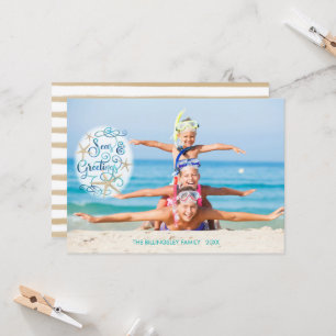 Tropical "Seas AND Greetings" Turquoise Script Card