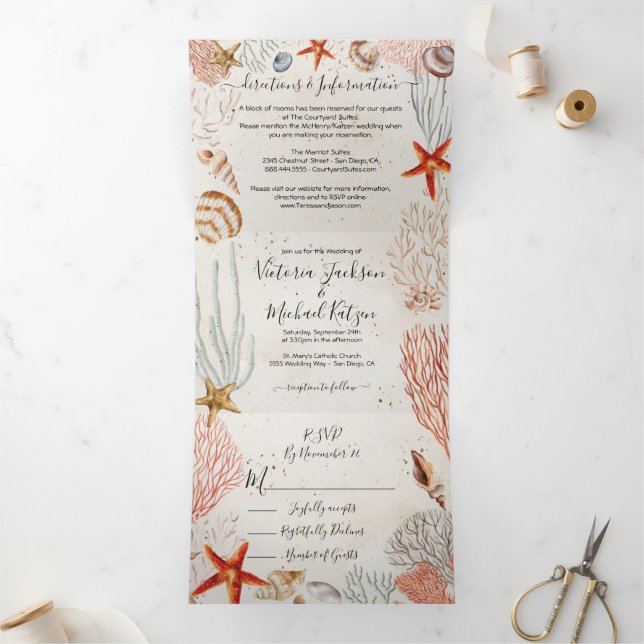 Tropical Seashell and Coral Sandy Beach Wedding Tri-Fold Invitation (Inside)