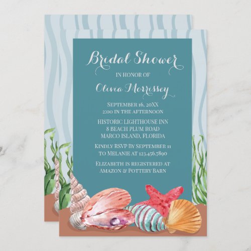 Tropical Seashell Blue Summer Beach Bridal Shower Invitation