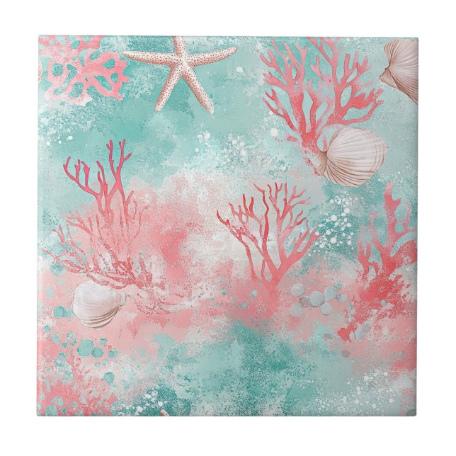 Tropical Seashell Coral Pattern Ceramic Tile (Front)