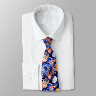 Tropical Seashell Starfish Orange Pink Cobalt Neck Tie