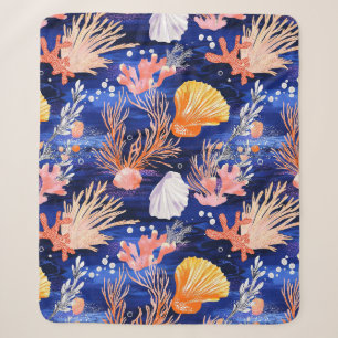 Tropical Seashell Starfish Orange Pink Cobalt Sherpa Blanket