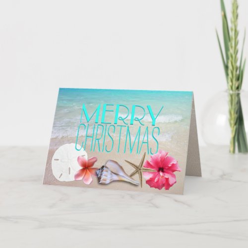 Tropical Seashells and Flowers Message Christmas Holiday Card