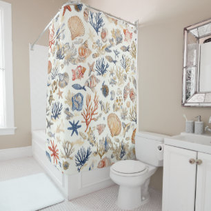 Tropical Seashells & Coral Reef Motif Shower Curtain