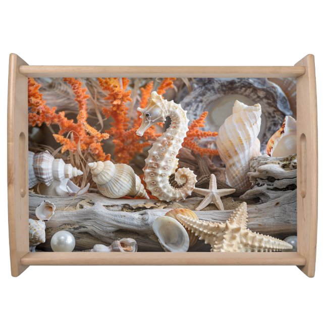 Tropical Seashells Seahorse Starfish Coral Pearls Serving Tray (Front)