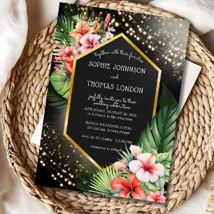 Tropical seaside night dark watercolor wedding invitation