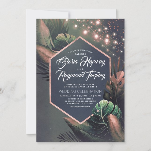 Tropical Seaside Night Rose Gold Palms Wedding Invitation (Front)