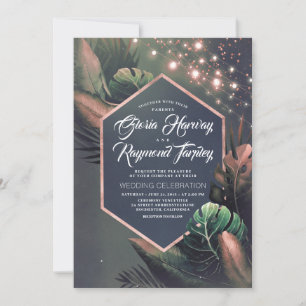 Tropical Seaside Night Rose Gold Palms Wedding Invitation