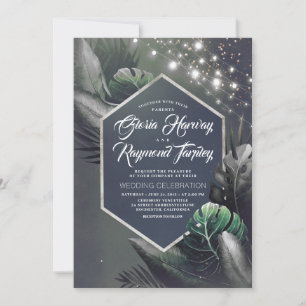 Tropical Seaside Night Silver Palms Wedding Invitation