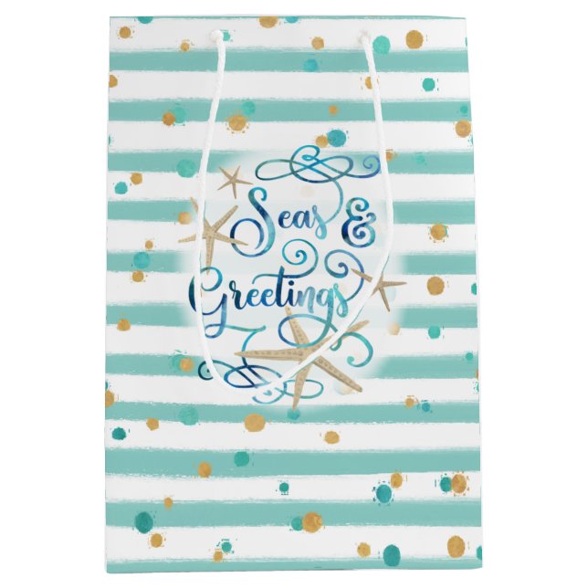 Tropical SEAson’s Greetings, Aqua Stripes & Dots Medium Gift Bag (Front)