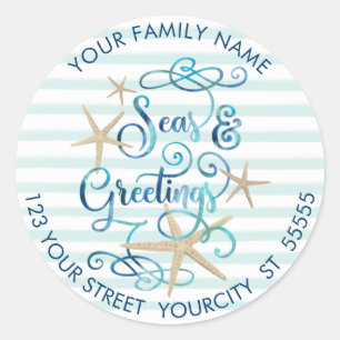 Tropical "SEAsons Greetings" Aqua Stripe Address Classic Round Sticker