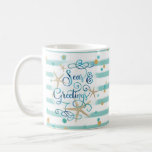 Tropical "SEAson's Greetings, Aqua Stripes & Dots Coffee Mug<br><div class="desc">A tropical twist on "Season's Greetings" with the words "Seas AND Greetings" featuring a tropical or beach look and feel to your Christmas holiday season. The modern, elegant scroll script typography in a gorgeous turquoise ocean watercolor really pops against a muted white oval and is surrounded by starfish. The background...</div>