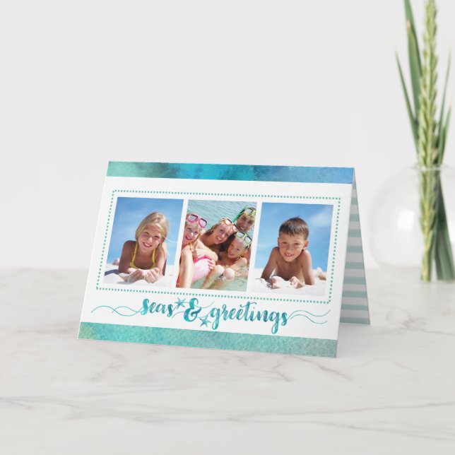 Tropical SEAson's Greetings, Brush Script, 4 Photo Holiday Card (Front)