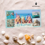 Tropical SEAson's Greetings Brush Script 5 Photos Holiday Card<br><div class="desc">A coastal, beach or tropical Christmas photo collage card featuring 5 pictures and a play on "Season's Greetings" with SEAS & GREETINGS in modern brush handwritten typography in turquoise accented with starfish. The background is a muted aqua watercolor canvas. This card coordinates with your beach, cruise, ocean, sailing, tropical vacation,...</div>