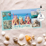 Tropical SEAson's Greetings Brush Script 5 Photos Holiday Card<br><div class="desc">A coastal, beach or tropical Christmas photo collage card featuring 5 pictures and a play on "Season's Greetings" with SEAS & GREETINGS in modern brush handwritten typography in turquoise accented with starfish. The background is a muted aqua watercolor canvas. This card coordinates with your beach, cruise, ocean, sailing, tropical vacation,...</div>