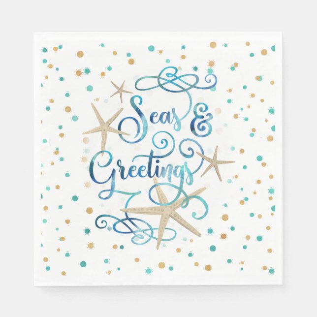 Tropical "SEAson's Greetings" Dots Party Paper Napkins (Front)
