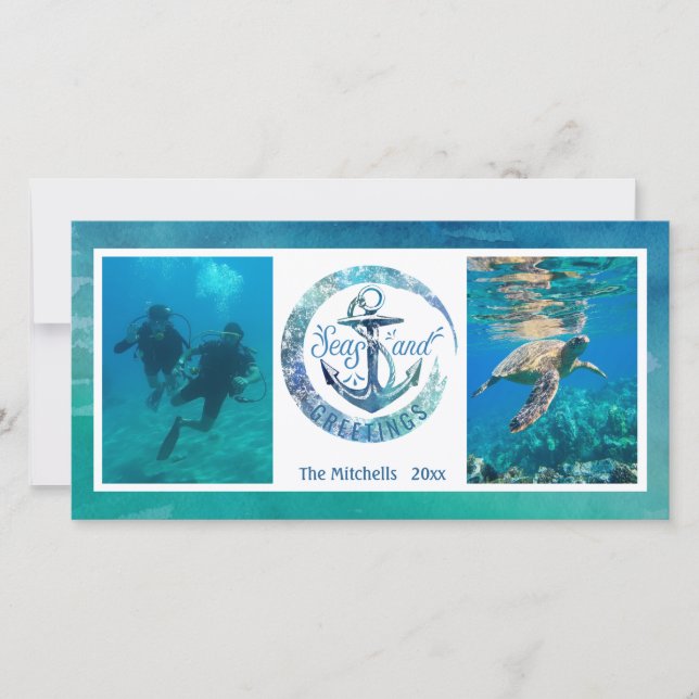 Tropical "SEAson's Greetings" Ocean Wave - 2 Pics Holiday Card (Front)