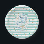 Tropical SEAson's Greetings Party Paper Plates<br><div class="desc">A fun, tropical twist on "Season's Greetings" with "Seas AND Greetings" featuring a tropical or beach look and feel to your Christmas holiday party and entertaining. The modern, elegant scroll script typography in a gorgeous turquoise ocean watercolor really pops against an aqua teal stripe and turquoise and brown dot background...</div>